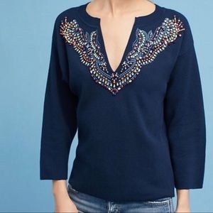 Anthropologie Moth embellished navy blue v-neck knit sweater size small